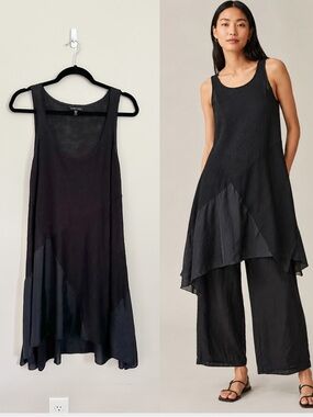 Eileen Fisher Black Linen Silk Tunic Dress Medium Artsy Lagenlook Minimalist